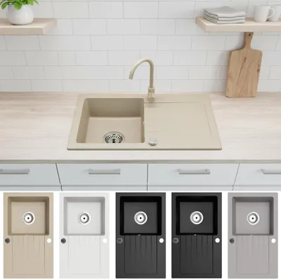 Produktbild von [Granitspüle 76x44 Beige+ Armatur]Hochwertig beidseitig Montierbar Küchenspüle Eckig Einbaugranitspüle Granit Spülbecken f. Unterschränke ab 45 cm inkl.Siphon Set, Armatur:Smart