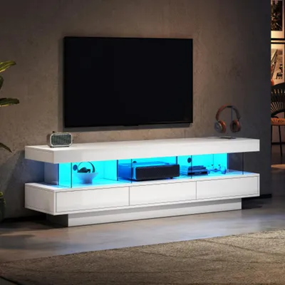 Produktbild von Hochglanz-TV-Schrank mit Glasfächern, LED-Beleuchtung, App-Steuerung, Bluetooth-verbunden, für 70-Zoll-TV,TV-Ständer160*38*50.5cm