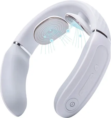 A white neck massager is shown against a white background. Blue lines and circles emanate from the massage nodes, suggesting therapeutic waves or pulses.