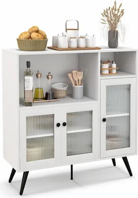 Produktbild von Küchenschrank Buffetschrank mit Glastüren, Küchenbuffet Sideboard mit verstellbaren Regalen, Aufbewahrungsschrank Kommode Holz mit 5 Metallbeinen, Staufschrank 100x40x100 cm (Weiss)