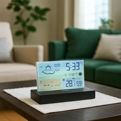 Produktbild von Moderne Funk-Wetterstation farbig: Rahmenloses LCD-Display für präzise Wetterprognose & Hygrometer – Mit Aussensensor