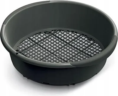 A dark gray sieve with a grid pattern inside, shown from a slightly elevated angle against a white background.