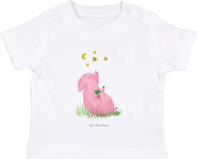 Produktbild von Mr. & Mrs. Panda  T-Shirt Schwein Glück 6. - 12. Monat - Weiß - Geschenk, Babyshirt, Sterne, Glücksbringer, Ziele, Lustige Sprüche, Schweinchen, Baumwolle Baby Shirt