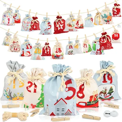Produktbild von Adventskalender Stoff 24 Gedruckte Weihnachtskalender Kinder DIY 2024 Säckchen Groß Wiederverwendbar Tüten