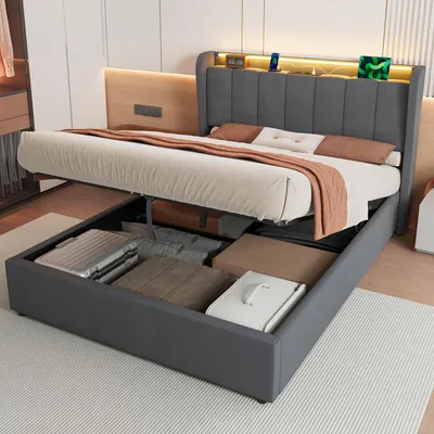 Produktbild von okwish Polsterbett 140×200 mit Steckdose,Nachtlicht und offenen Fächern,Einzelbett mit Bettkasten,Jugendbett,Dunkelgrau,ohne Matratze