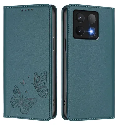 Produktbild von Lederhülle für Xiaomi 14T, Schmetterling Prägung Leder Brieftasche Schutzhülle mit Ständer Grün