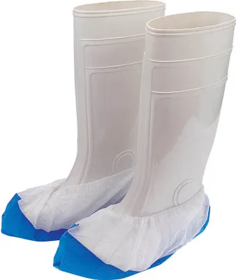 A pair of white disposable overshoes with blue soles, shown against a white background.