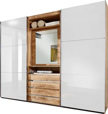 Produktbild von Schwebetürenschrank in Eiche mit Glasfront weiß, inkl. Spiegel, MIDLAND-43