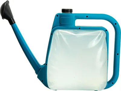 A blue watering can filled with a translucent liquid, shown against a white background.