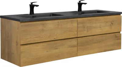 A double vanity bathroom cabinet with two sinks and black faucets, set against a white background.