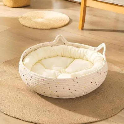 Produktbild von Rundes Katzenbett aus Baumwollseil mit Kissen und Nest zum Kratzen und Beruhigen | Katzenschlafmatte für drinnen und draußen, für Kätzchen, Welpen und kleine Hunde