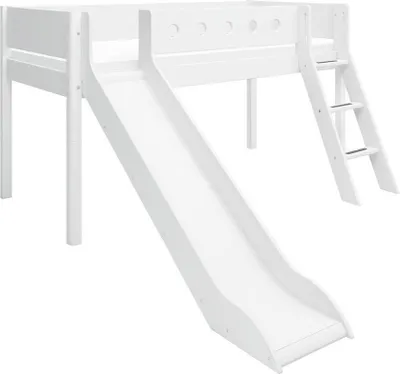 Immagine prodotto di Letto a castello bianco, modello a metà altezza, con scala inclinata e scivolo, dimensioni 90x200 cm. Colore: bianco. Materasso: non incluso