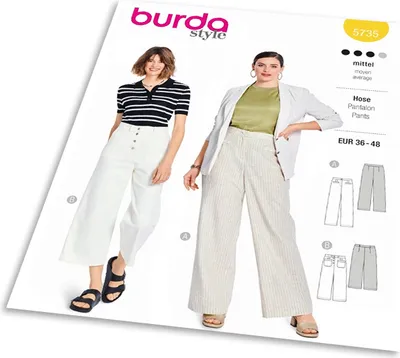 Obrázek produktu pro Střih Burda 5735 - Kalhoty s rovnými nohavicemi, lněné kalhoty, 7/8 džínové kalhoty, mom jeans