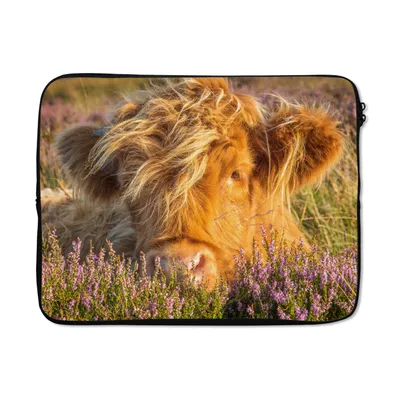 Produktbild von MuchoWow® Laptop Hülle 17 Zoll Laptoptasche Schottische Highlander - Heide - Gras - Tiere - Zipper - Schutzabdeckung