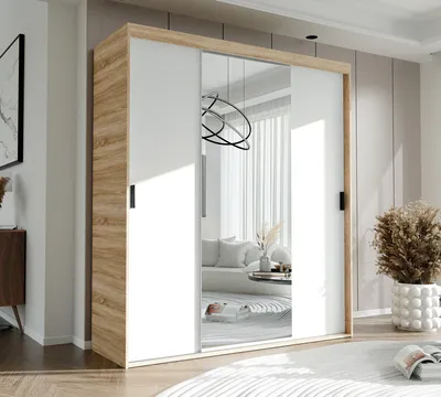 Image de Armoire à trois portes coulissantes avec miroir STILO 180 cm avec étagères et tringles Armoire penderie Sonoma blanc poignées noires