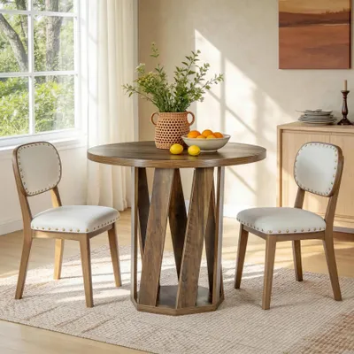 Image de Table de salle à manger ronde pour 2 personnes - Petite table de cuisine - 80 cm de diamètre - Bois - Style cottage moderne - Pour les petits espaces - Couleur brun rustique