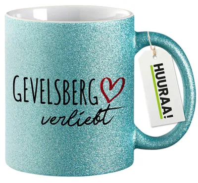 Produktbild von Huuraa Glitzertasse Gevelsberg verliebt 330ml Blau Keramik Kaffeebecher Geschenkidee