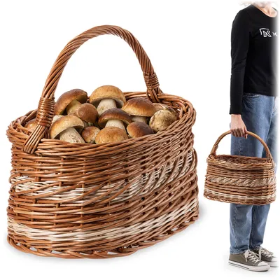 Produktbild von KADAX Weidenkorb für Pilze, Ovaler Korb zum Einkaufen, robuster Picknickkorb mit dem Henkelgriff, Flaschenkorb, Korb für den Garten, Tragekorb (Braun/Weiß), KI-generiertes Bild