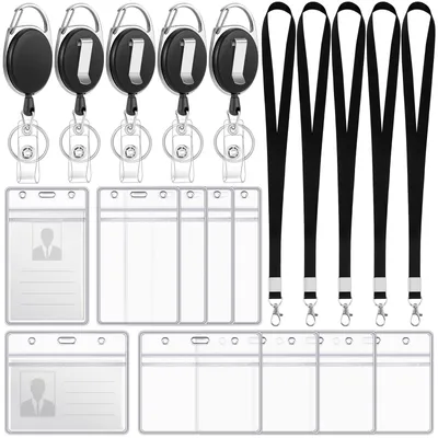 Produktbild von Set mit 10 Ausweishüllen mit Riemen, Kartenhüllen mit Lanyard und Schlüsselband, ausziehbare, transparente Kartenhüllen, Ausweishüllen für Schlüsselanhänger, Namensschildhüllen