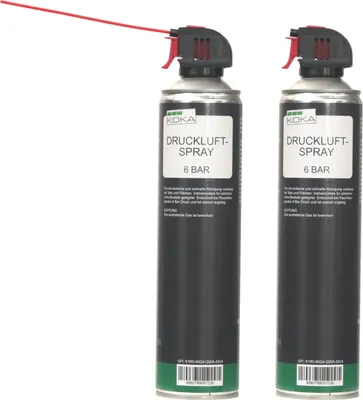 Two cans of compressed air spray with red nozzles and straws are shown against a white background.
