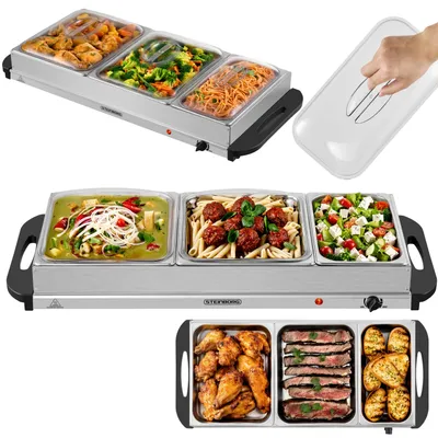 Produktbild von Steinborg Elektrischer Buffetwärmer 3 Schalen – Speisenwärmer 450W mit Temperaturregelung, Warmhalteplatte mit 2 x 3,7L + 1 x 2,5L Behältern, Buffet Server für Partys, Catering und Familie
