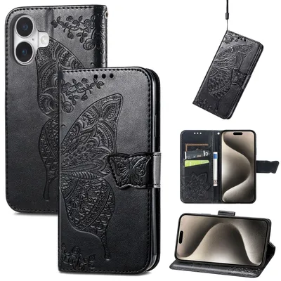Produktbild von Für Apple iPhone 16 Kunstleder Wallet Handy Tasche Schmetterling Design Hülle Etuis Schwarz