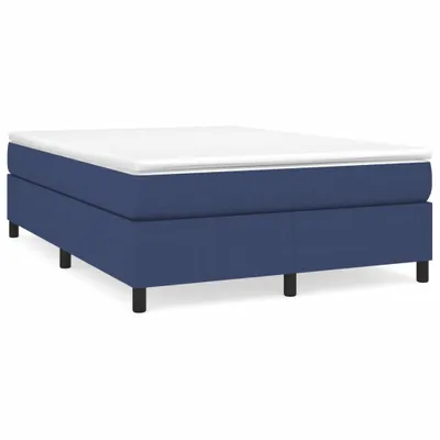 A blue upholstered box spring bed with a white mattress on a white background.