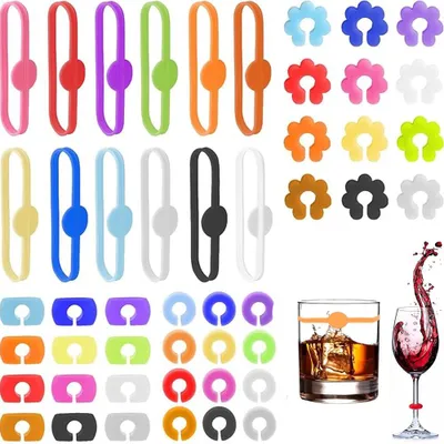 Produktbild von Glasmarkierer – 48 Stück - Weinglasmarkierer – Glasanhänger – Weinglasringe – Silikon – Glaskennzeichnung – für Weingläser, Sektgläser & Cocktails