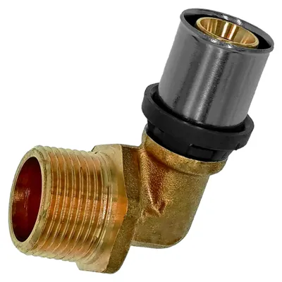 Produktbild von Übergangswinkel 90° mit 1" Rohr Zoll Außengewinde für 26,0 x 3,0 mm Mehrschicht Alu Verbundrohr Außendurchmesser x Wandstärke Pressfitting aus Messing TH U Profil Kontur