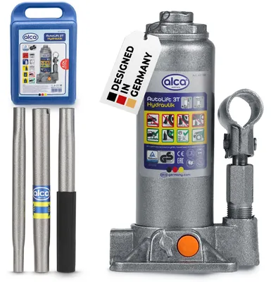 Produktbild von alca® hydraulischer Wagenheber 3t im Koffer I Stempelwagenheber aus Stahl I Hubhöhe 195–380 mm I Autoheber für PKW SUV Transporter I Unterstellheber für Werkstatt und unterwegs