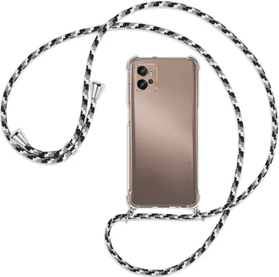 Produktbild von Handykette Backcover-Schutzhülle mit Band (Metall silberfarben) für Motorola Moto G32 (6.5'') - schwarz/grau/weiß