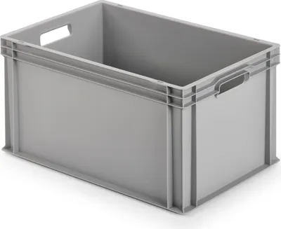 A grey plastic storage box is shown from a slightly elevated angle against a white background.