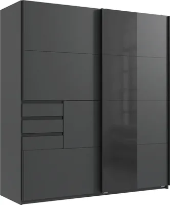 Produktbild von Schwebetürenschrank - 180 x 198 cm - 3 Schubladen - Graphit matt Nachbildung - Schwarzglas - mit Spiegel