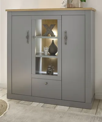 Produktbild von Highboard "Rideau" in grau und Eiche Landhaus Vitrine 138 x 142 cm