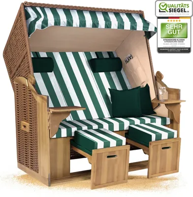Produktbild von Strandkorb Ostsee 2,5-Sitzer 150cm breit in Beige Grün Weiß Blockstreifen Kariert Zerlegt ideal für Balkon, Terrasse oder Garten