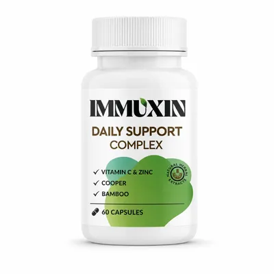 Produktbild von Immuxin Nahrungsergänzungsmittel – 60 Kapseln – mit Rinderkollagenpeptide, MSM, Vitamin C, Zink, Bambusstammextrakt – Für Erwachsene., KI-generiertes Bild