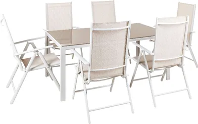 Produktbild von BELIANI Gartenmöbel Set Beige Glas Aluminium Mesh Stoffbespannung 7-Teilig 6-Sitzer Modern Tisch 160 x 91 cm und 6 Stühle Terrasse Outdoor Ausstattung