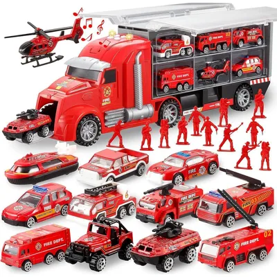Produktbild von Feuerwehrauto Spielzeugset 25-in-1 mit Geräuschen und Lichtern, Trägerwagen mit Mini-Fahrzeugen, ab 3 Jahren