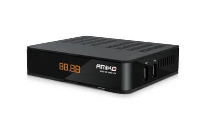 A black Amiko MINI 4K UHD S2X set-top box is shown against a white background.