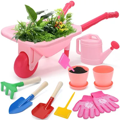 Productafbeelding van Roze Kindertuingereedschapset met Kruiwagen en Gieter