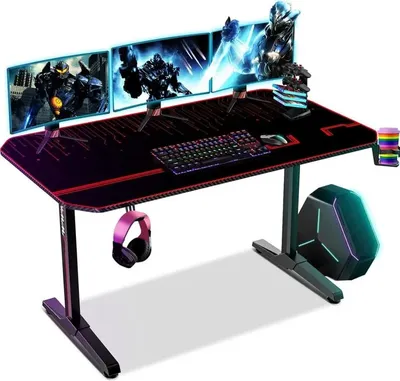Produktbild von Gaming Tisch 140cm T-Form Computertisch, Schreibtisch Holz, Ergonomisch, Mauspad Becherhalter, Schwarz