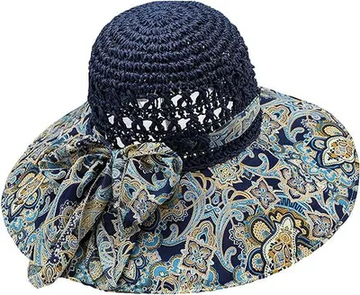 Produktbild von Faltbarer Strohhut mit Blumenschleife | Breite Krempe UV-Schutz Strandhut für Damen | Böhmischer Stil Floppy Sommer Reisehut, A