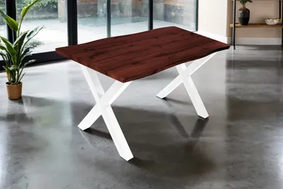 Produktbild von Esstisch 140x80 cm Baumkante Holz Nussbaum-Optik X-Gestell Metall weiß JOSY