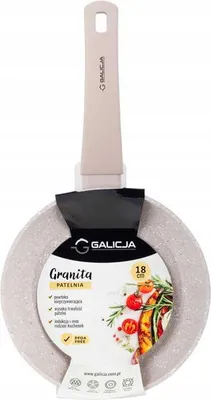 A frying pan with its packaging and marketing information.