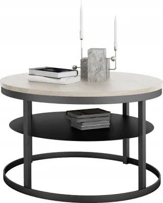 Zdjęcie produktu dla Okrągły Stolik Kawowy z Półką Do Salonu Loft Metal 75cm Czarny+Dąb Sonoma