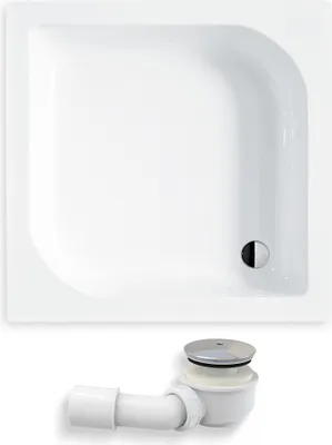 A white square shower tray with a drain and a separate drain assembly.