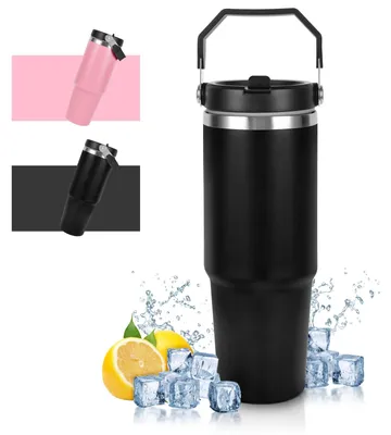 Isolierbecher 900 ml mit Strohhalm und Griff, Schwarz