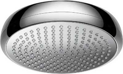 A close-up, studio shot of a chrome shower head.