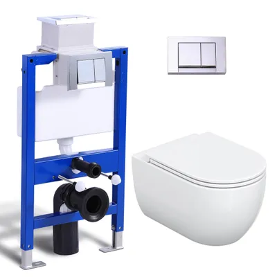 Produktbild von Komplett Vorwandelement Toilette Set - 82cm Unterputzspülkasten + Hänge Spülrandlos WC Wand Toilette + Rechteckig Chrome Drückplatte HOROW