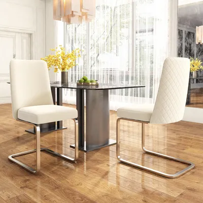 Image de Sweiko Chaise de salle à manger en velours, lot de 2, luxueuse, salon, chambre, fauteuil lounge, design dossier en diamant, avec pieds de support en métal argenté, beige